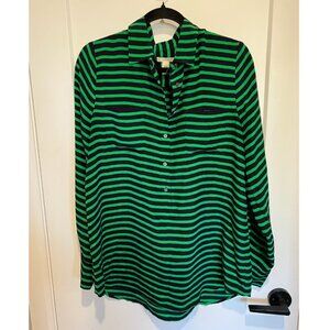J.Crew Green & Navy Stripe 100% Silk Long Sleeve Blouse